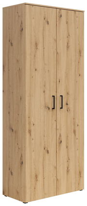 Mehrzweck-Vorratsschrank aus Holz mit zwei Türen und schwarzen Griffen, seitliche Perspektive