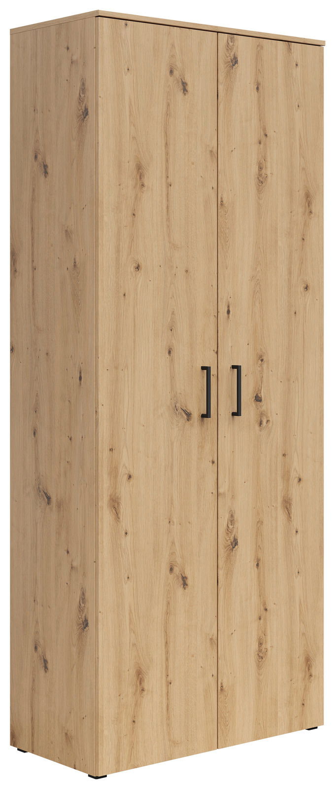 Mehrzweck-Vorratsschrank aus Holz mit zwei Türen und schwarzen Griffen, seitliche Perspektive