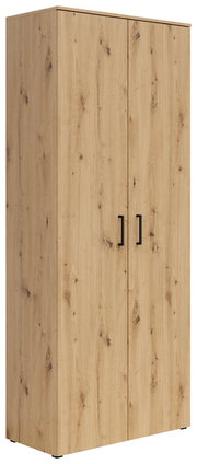 Mehrzweck-Vorratsschrank aus Holz mit zwei Türen und schwarzen Griffen, seitliche Perspektive