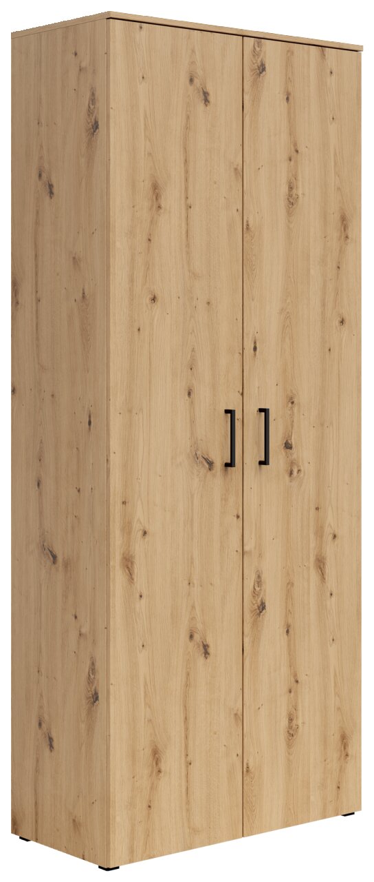 Carryhome Mehrzweck-/Vorratsschrank MULTISTAURAUM Mehrzweck-Vorratsschrank aus Holz mit zwei Türen und schwarzen Griffen, seitliche Perspektive