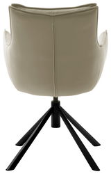 Rückansicht eines modernen Sessels mit beigem Bezug und schwarzem Metallgestell.