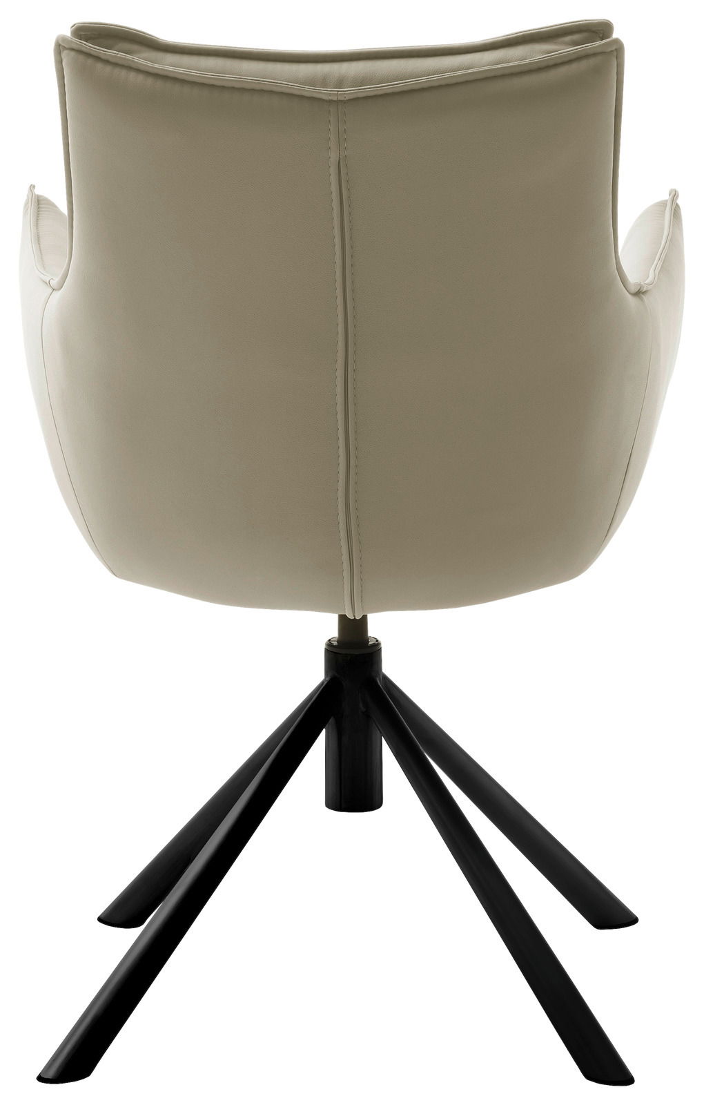 Rückansicht eines modernen Sessels mit beigem Bezug und schwarzem Metallgestell.