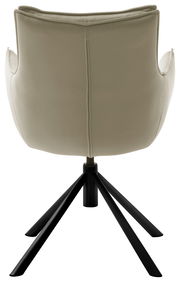 Rückansicht eines modernen Sessels mit beigem Bezug und schwarzem Metallgestell.