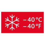 Rotes Symbol mit Schneeflocke und Temperaturangabe -40°C/-40°F, Vorderansicht