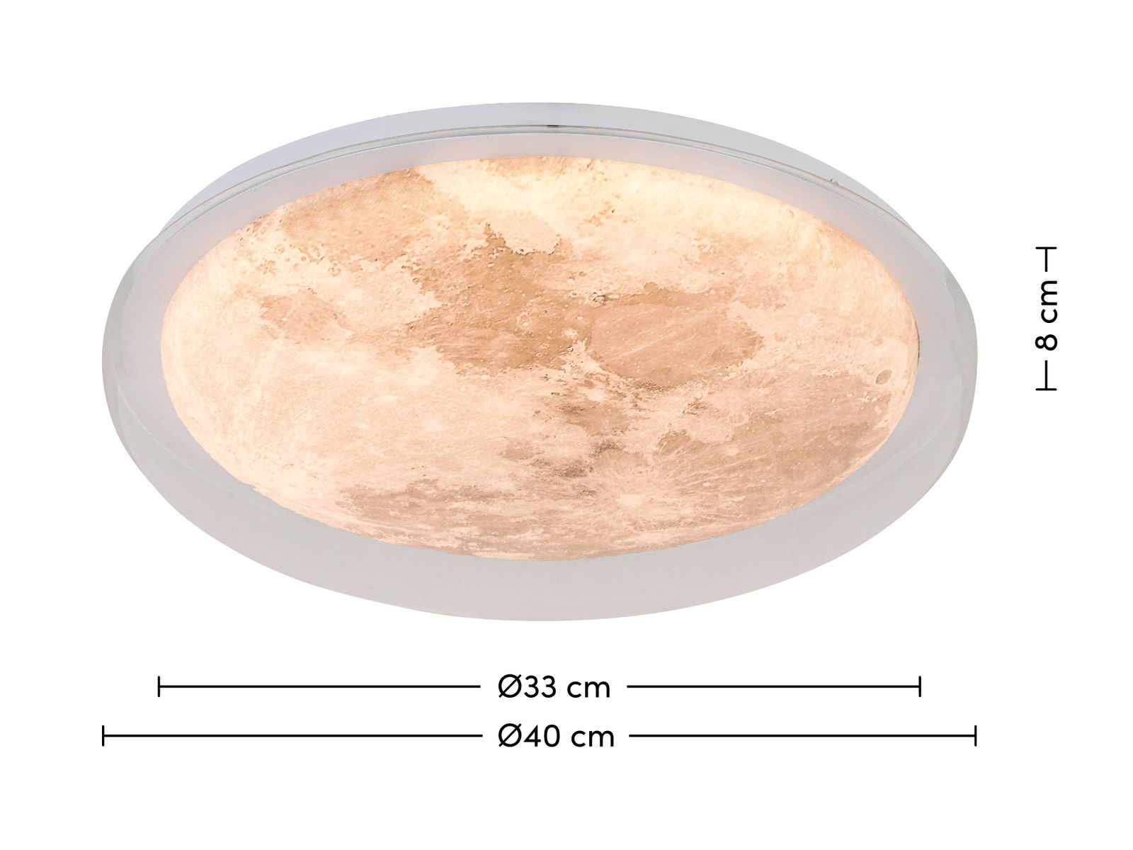 LED-Deckenleuchte mit Mondmotiv, seitliche Perspektive, Durchmesser 40 cm, Höhe 8 cm