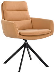 Moderner Sessel in hellbraunem Leder mit schwarzem Metallgestell, seitliche Perspektive