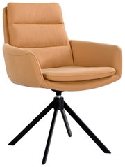 Moderner Sessel in hellbraunem Leder mit schwarzem Metallgestell, seitliche Perspektive