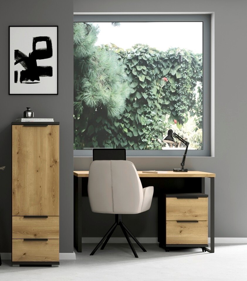 Hoch-Kommode aus Holz mit zwei Schubladen, in einem modernen Büro neben einem Schreibtisch, aus der Frontalperspektive.