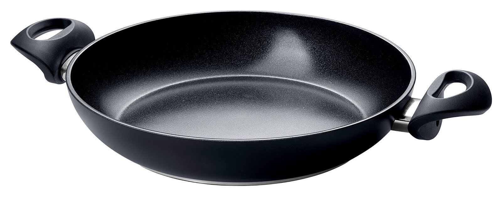 Schwarze Servierpfanne mit zwei Griffen, seitliche Perspektive