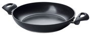 Schwarze Servierpfanne mit zwei Griffen, seitliche Perspektive
