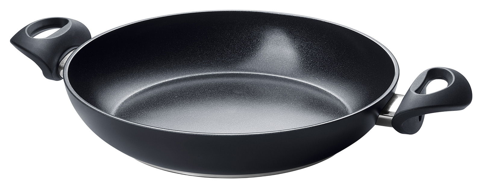 Schwarze Servierpfanne mit zwei Griffen, seitliche Perspektive