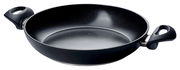 Schwarze Servierpfanne mit zwei Griffen, seitliche Perspektive