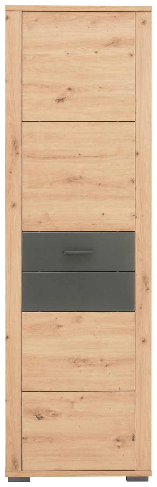 Frontansicht eines modernen Garderobenschranks aus Holz mit einer grauen Schublade in der Mitte.