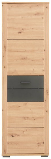 Frontansicht eines modernen Garderobenschranks aus Holz mit einer grauen Schublade in der Mitte.