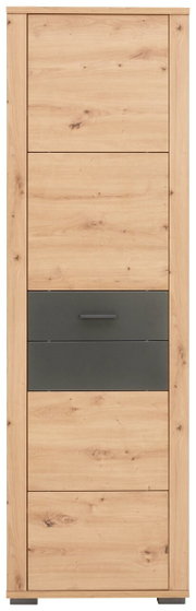 Frontansicht eines modernen Garderobenschranks aus Holz mit einer grauen Schublade in der Mitte.