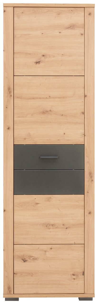 Vooraanzicht van een moderne houten garderobekast met een grijze lade in het midden.