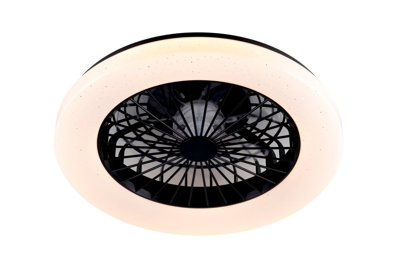 Moderne plafondventilator met ingebouwde verlichting, gezien van onderaf