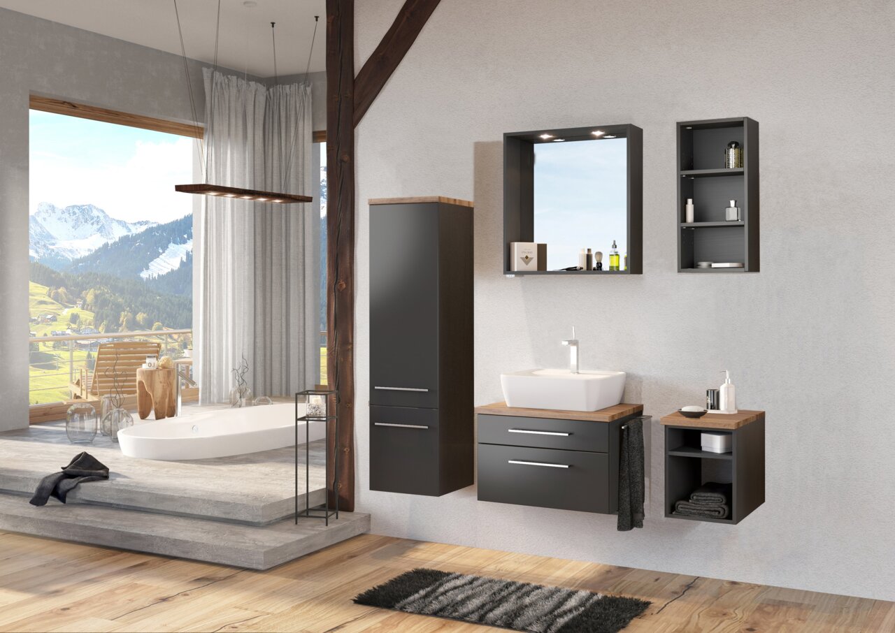 XORA Unterschrankregal DAVOS Modernes Badezimmer mit Unterschrankregal in dunklem Holz, Waschbecken und Spiegel, seitliche Perspektive.