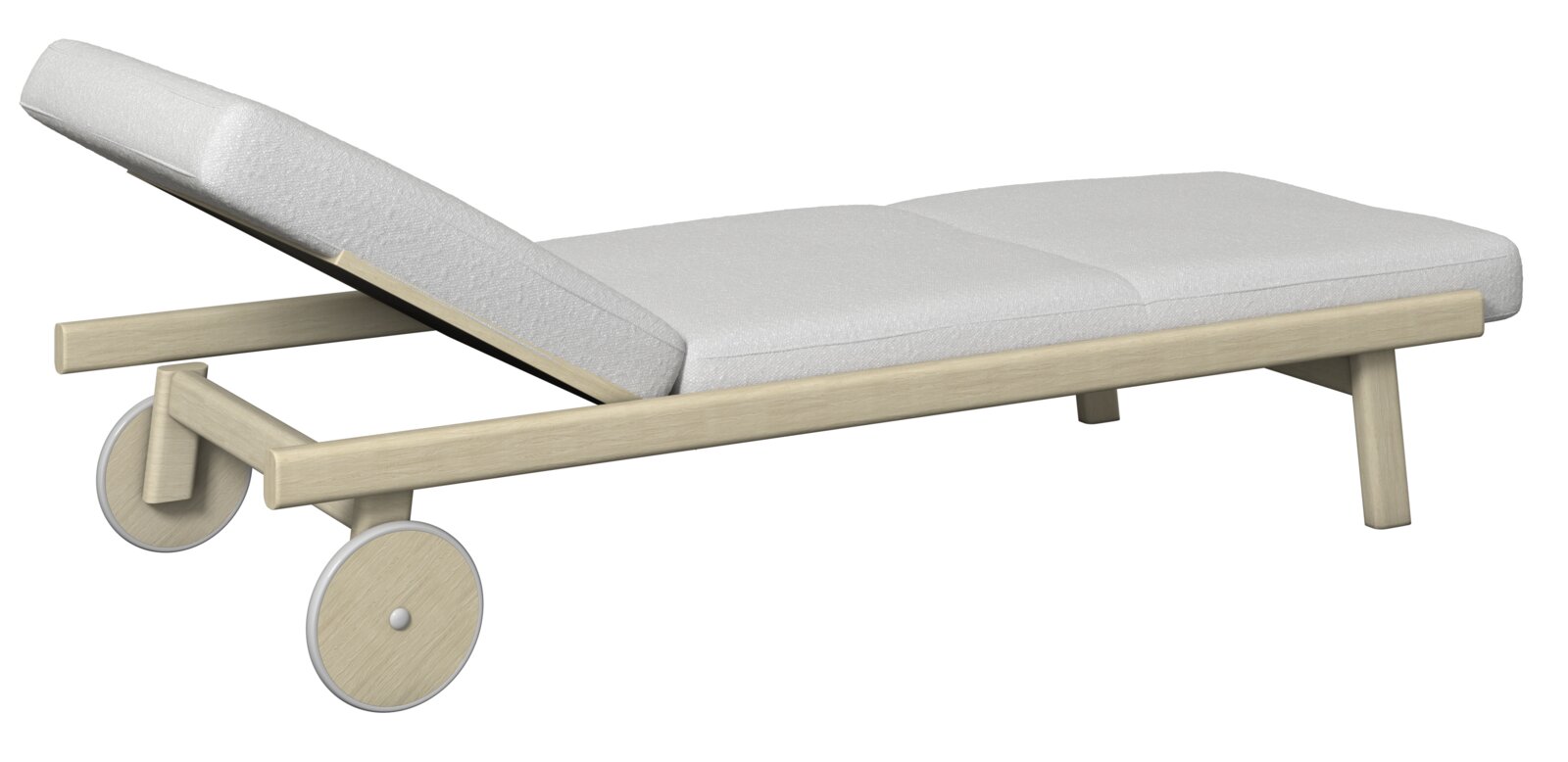 Sonnenliege aus Holz mit weißen Polstern, seitliche Perspektive