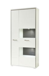 Weiße Kombi-Vitrine mit mehreren Fächern und Schubladen, seitliche Perspektive