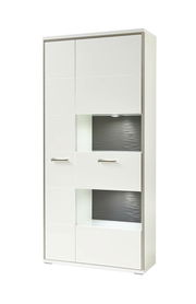 Weiße Kombi-Vitrine mit mehreren Fächern und Schubladen, seitliche Perspektive
