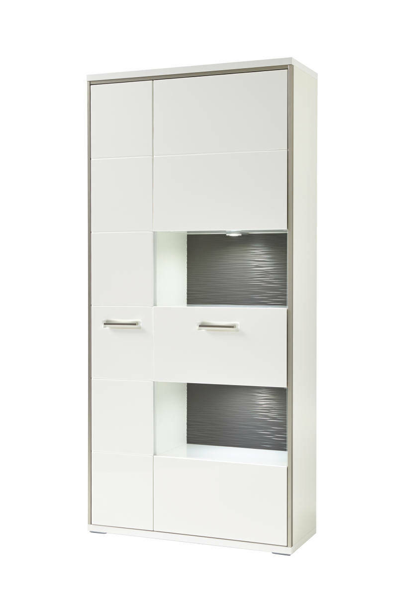 Weiße Kombi-Vitrine mit mehreren Fächern und Schubladen, seitliche Perspektive