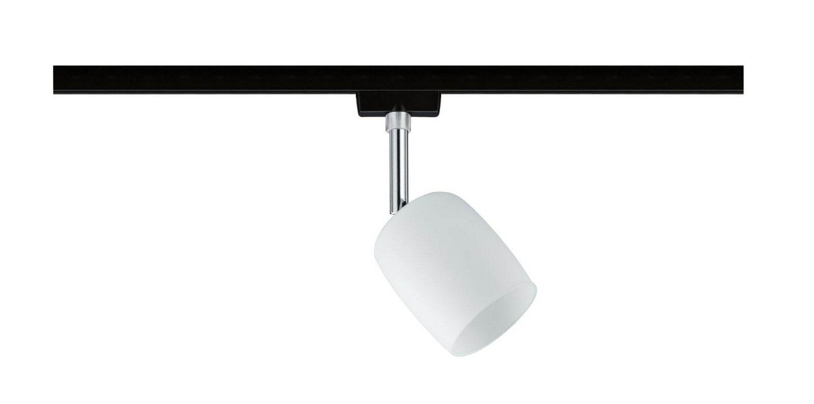 Schienenspot Blossom in seitlicher Perspektive, mit weißem Lampenschirm und silbernem Halter an schwarzer Schiene montiert.