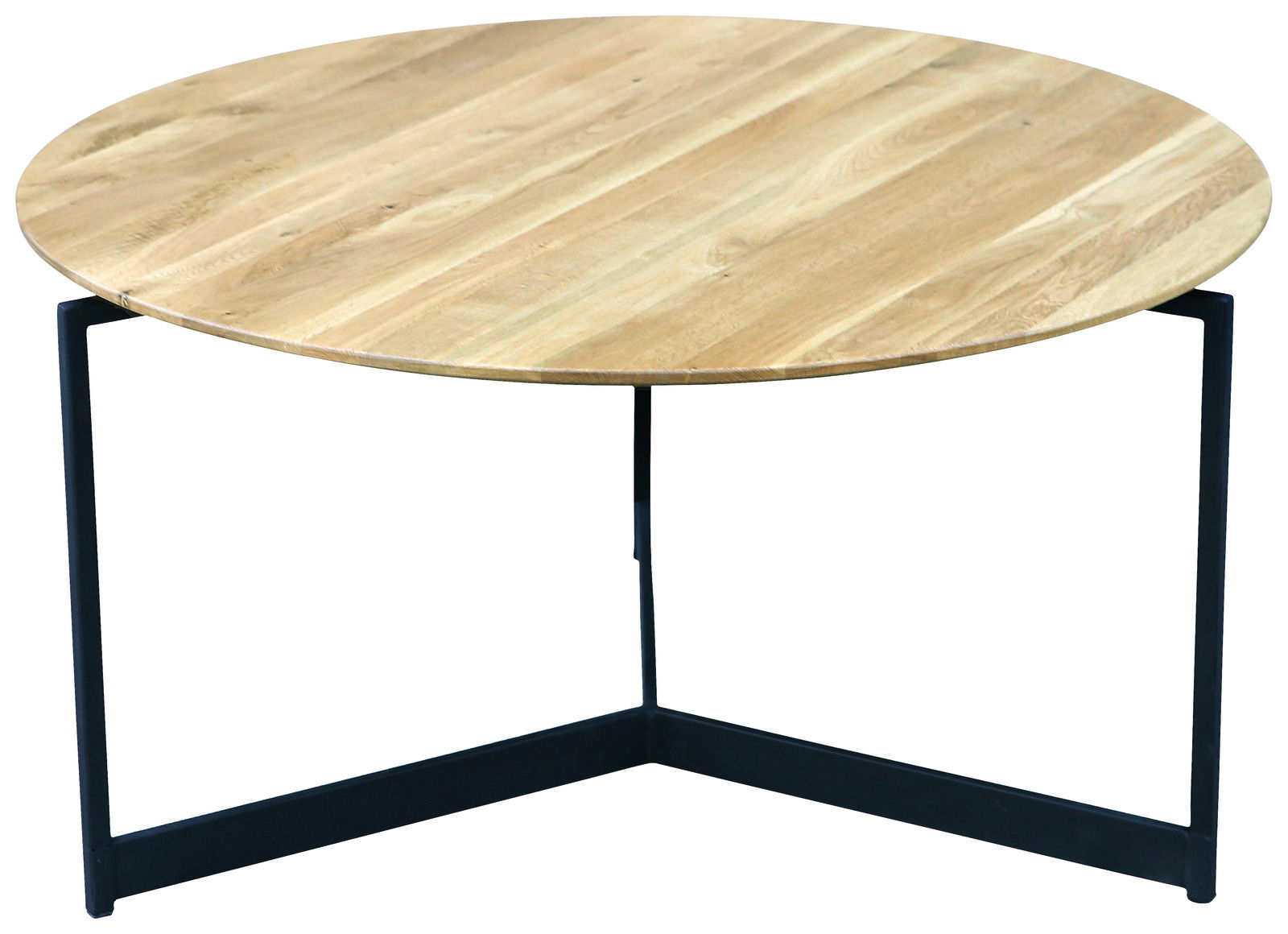 Novel Couchtisch OSLO 1 Runder Couchtisch aus Holz mit schwarzem Metallgestell, seitliche Perspektive