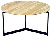 Runder Couchtisch aus Holz mit schwarzem Metallgestell, seitliche Perspektive