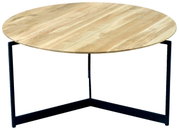 Runder Couchtisch aus Holz mit schwarzem Metallgestell, seitliche Perspektive