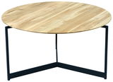 Runder Couchtisch aus Holz mit schwarzem Metallgestell, seitliche Perspektive