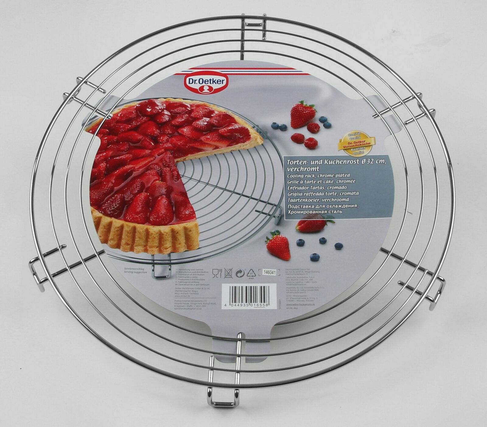 Runde, verchromte Torten- und Kuchenrost mit einem Durchmesser von 32 cm, von oben betrachtet, mit einer Abbildung eines Erdbeerkuchens auf der Verpackung.