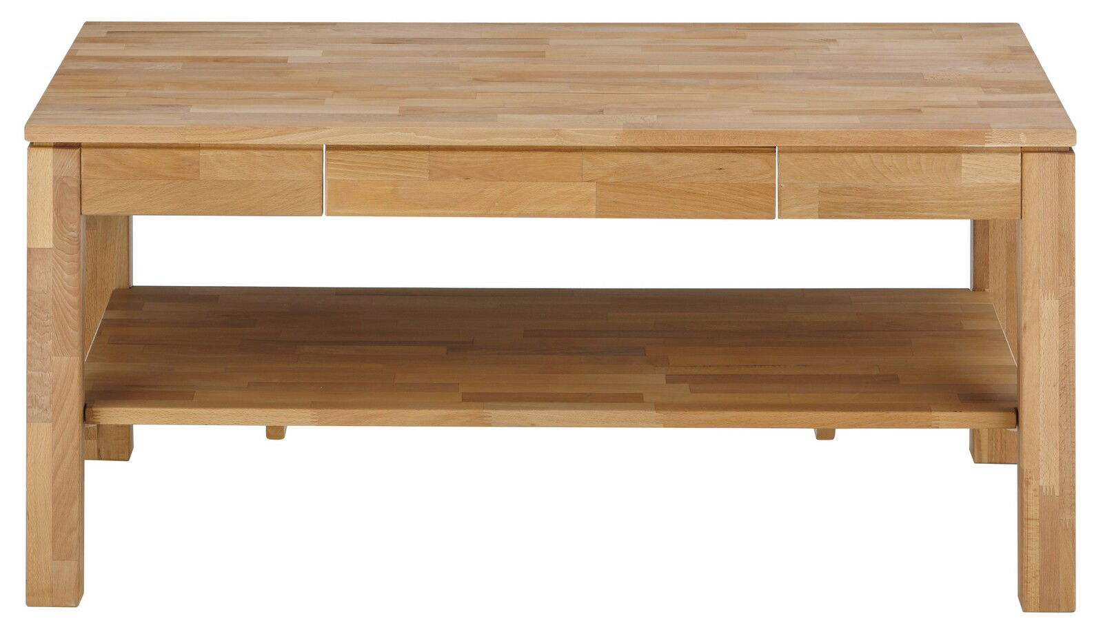 Holz-Couchtisch mit rechteckiger Form, zwei Schubladen und unterem Ablagefach, Frontalansicht