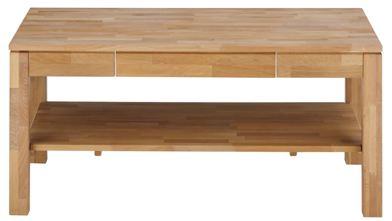 Holz-Couchtisch mit rechteckiger Form, zwei Schubladen und unterem Ablagefach, Frontalansicht