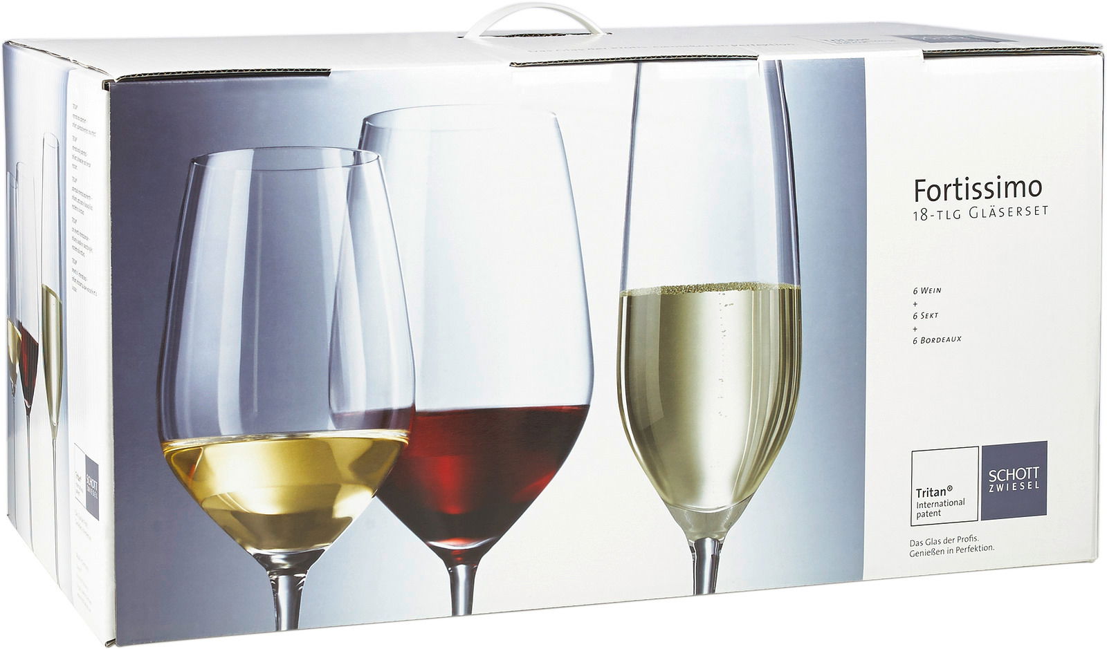 Verpackung des Kelchglassets Fortissimo 18-tlg mit drei verschiedenen Gläsern für Wein, Sekt und Bordeaux, seitliche Perspektive