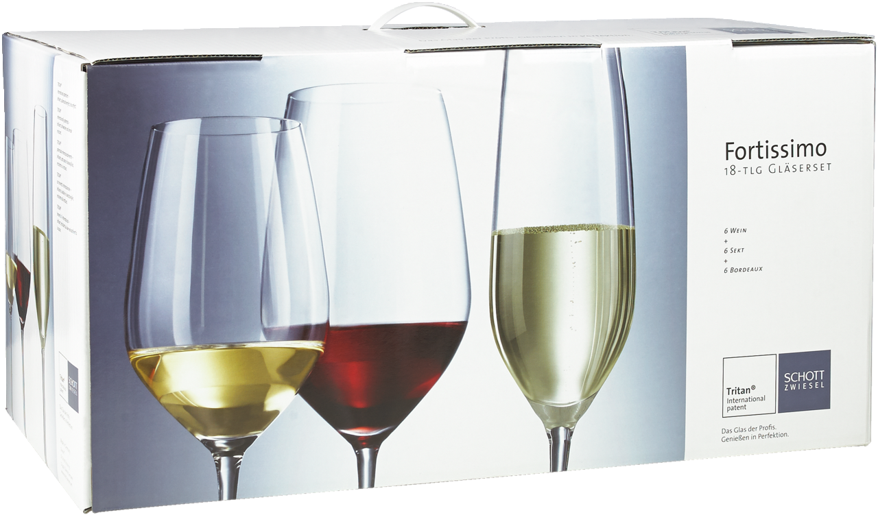 Verpackung des Kelchglassets Fortissimo 18-tlg mit drei verschiedenen Gläsern für Wein, Sekt und Bordeaux, seitliche Perspektive