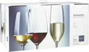 Verpackung des Kelchglassets Fortissimo 18-tlg mit drei verschiedenen Gläsern für Wein, Sekt und Bordeaux, seitliche Perspektive