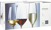 Verpackung des Kelchglassets Fortissimo 18-tlg mit drei verschiedenen Gläsern für Wein, Sekt und Bordeaux, seitliche Perspektive
