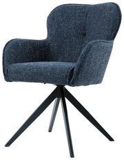 Blauer Armlehnstuhl mit gepolstertem Sitz und Rückenlehne, auf schwarzem Metallgestell, seitliche Perspektive