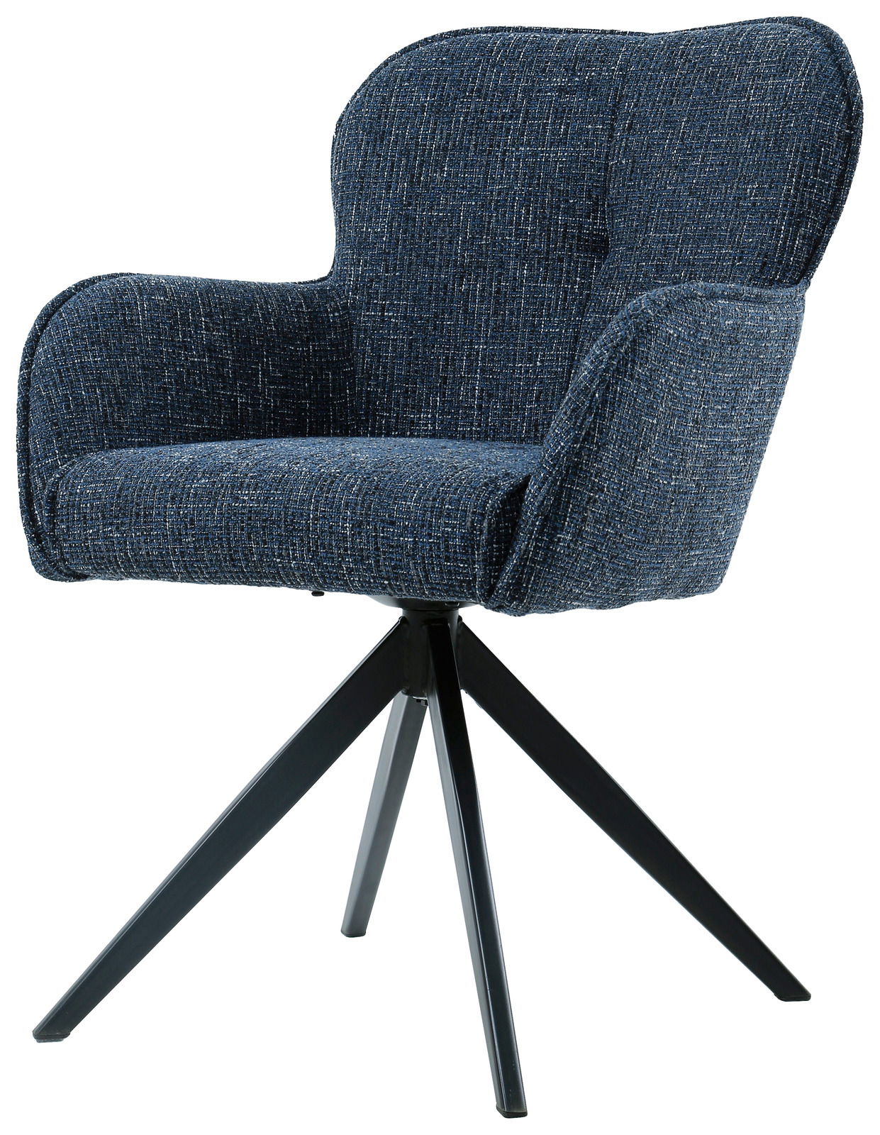 Blauer Armlehnstuhl mit gepolstertem Sitz und Rückenlehne, auf schwarzem Metallgestell, seitliche Perspektive