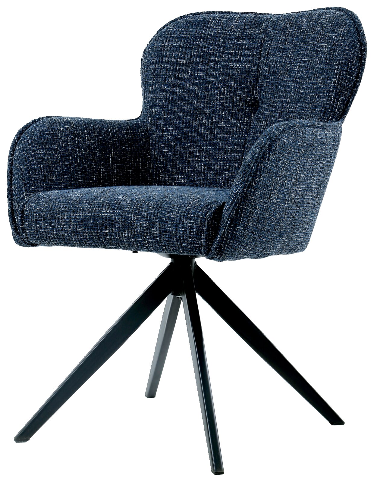 Blauwe fauteuil met gestoffeerde zitting en rugleuning, op een zwart metalen onderstel, zijaanzicht