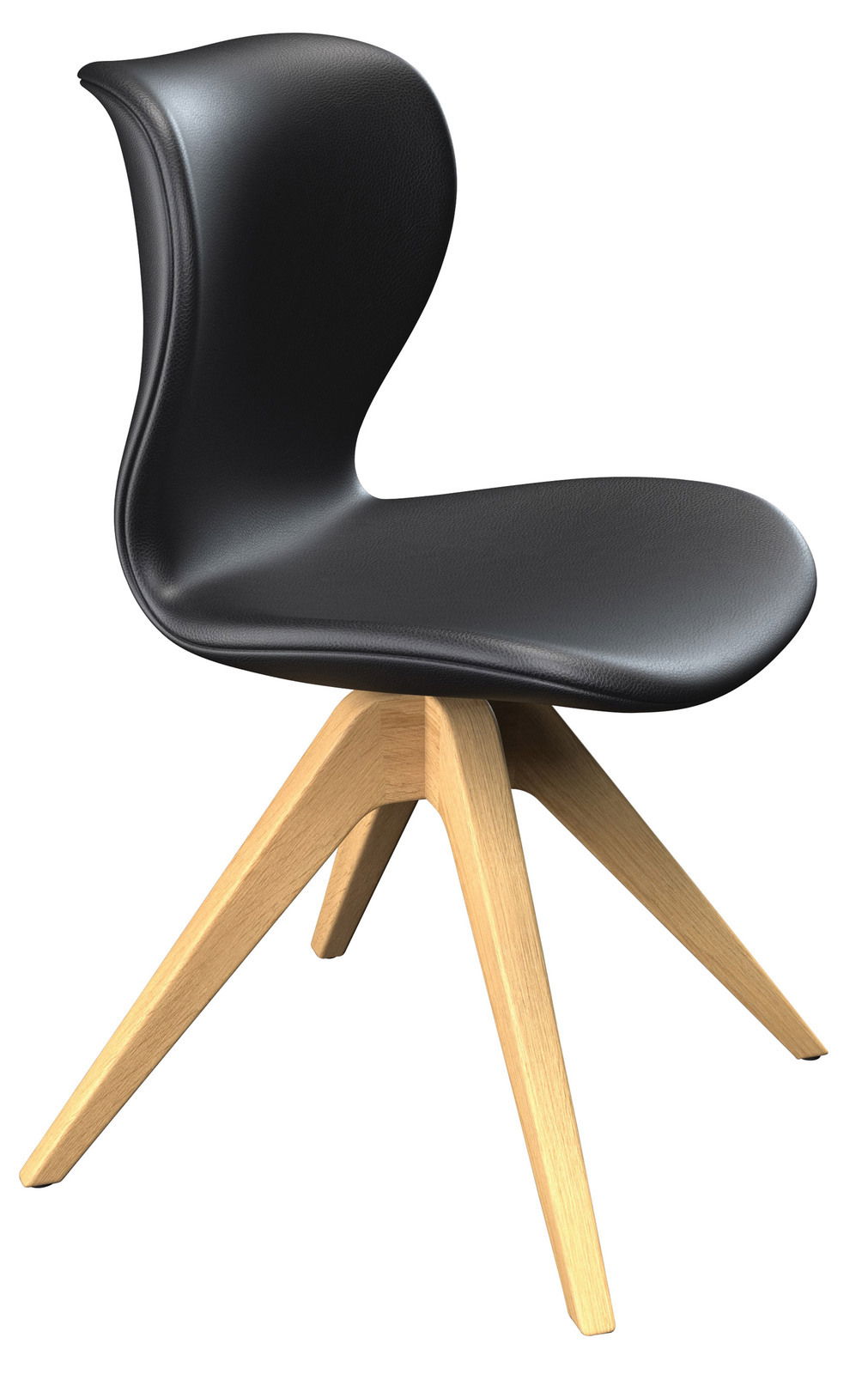 Moderner schwarzer Stuhl mit geschwungener Rückenlehne und hellen Holzbeinen, seitliche Perspektive