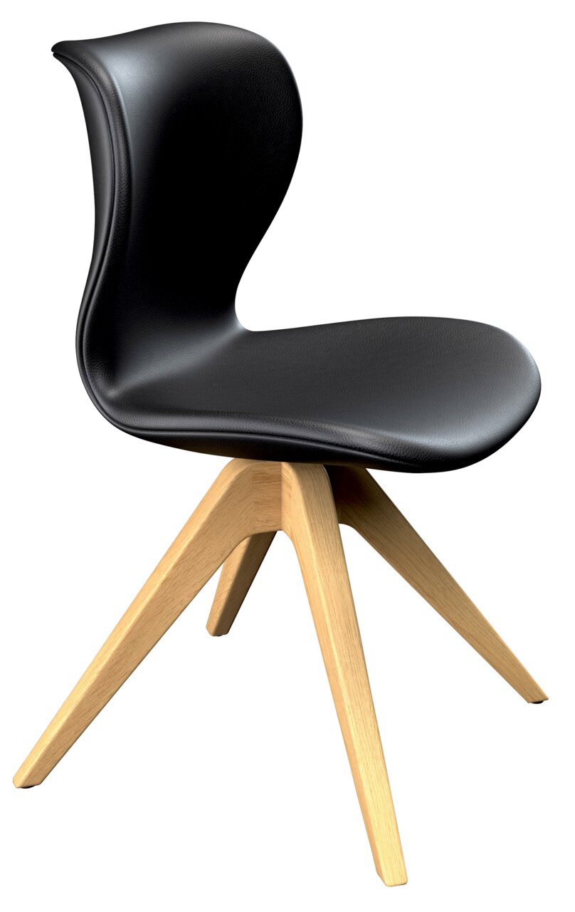 Voglauer Stuhl V-ROCK Moderner schwarzer Stuhl mit geschwungener Rückenlehne und hellen Holzbeinen, seitliche Perspektive