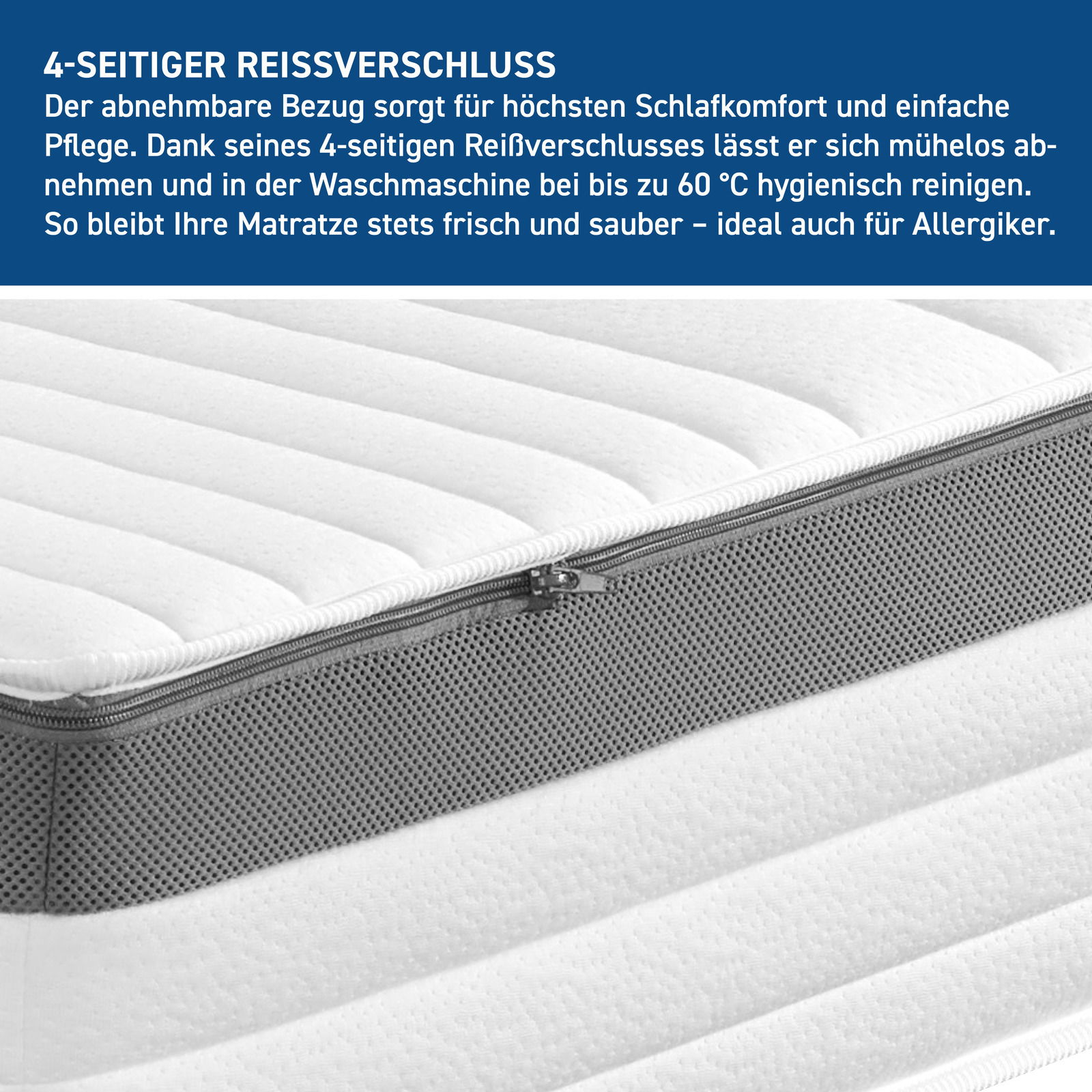 Kaltschaummatratze H3 mit abnehmbarem Bezug und 4-seitigem Reißverschluss, seitliche Perspektive
