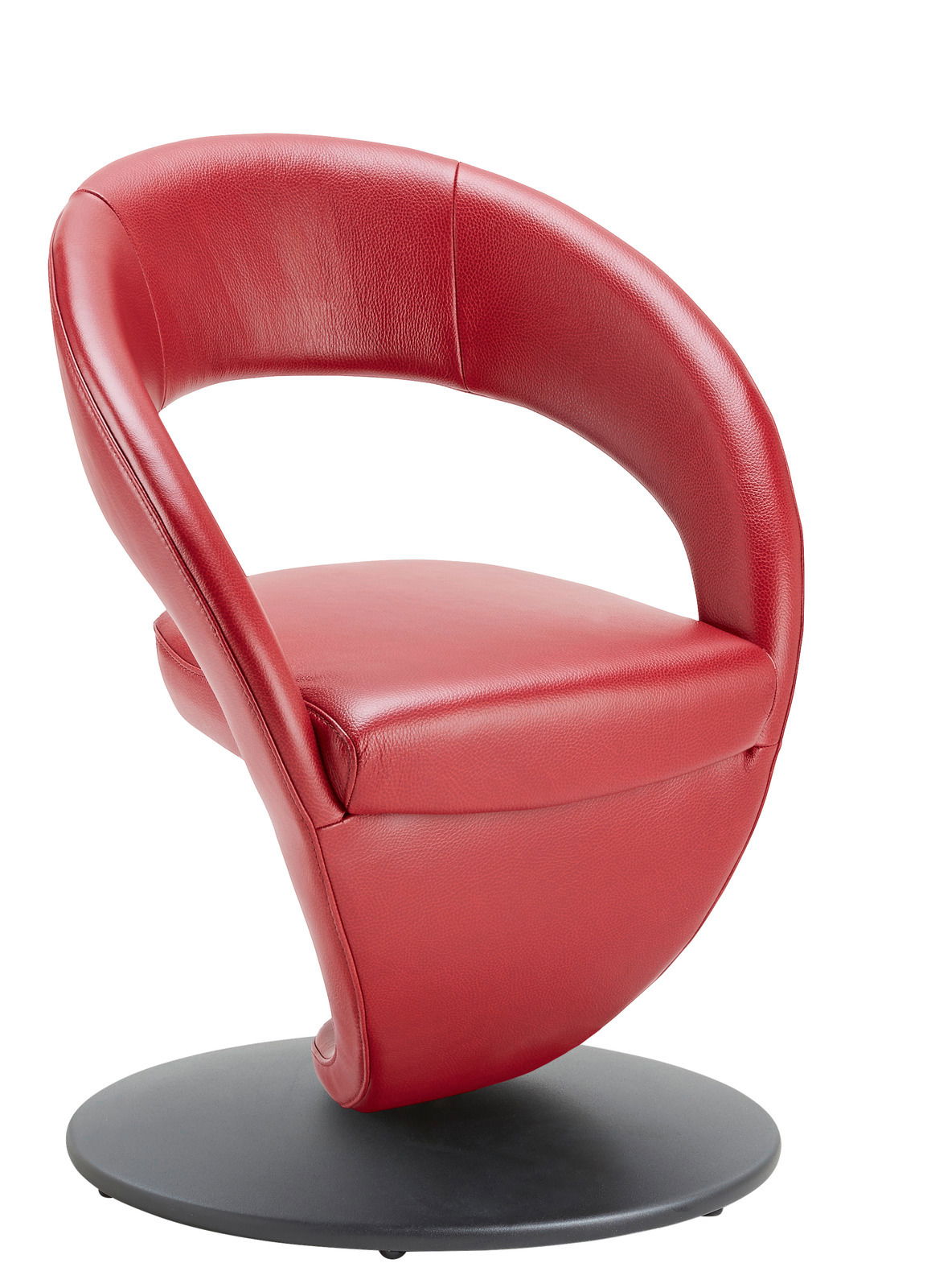 Moderner roter Sessel mit geschwungenem Design, seitliche Perspektive