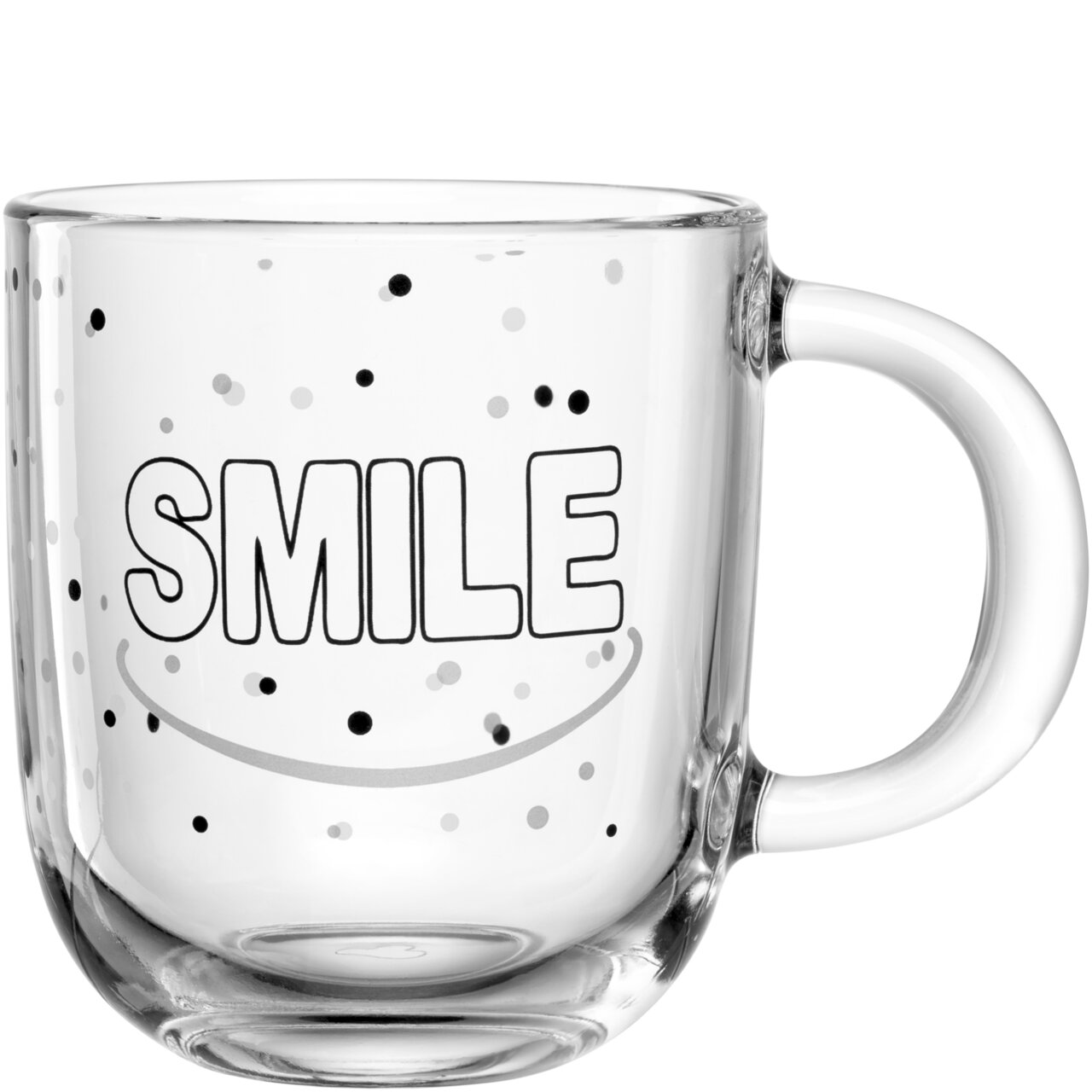 Transparente Tasse mit dem Schriftzug 'SMILE' und schwarzen sowie grauen Punkten, seitliche Perspektive.