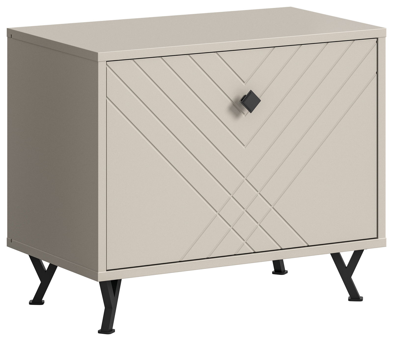 MID.YOU Sitzbank NOTES Moderne Sitzbank mit geometrischem Muster auf der Front, beige Farbe, schwarze Metallbeine, Perspektive von vorne rechts.