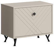 Moderne Sitzbank mit geometrischem Muster auf der Front, beige Farbe, schwarze Metallbeine, Perspektive von vorne rechts.