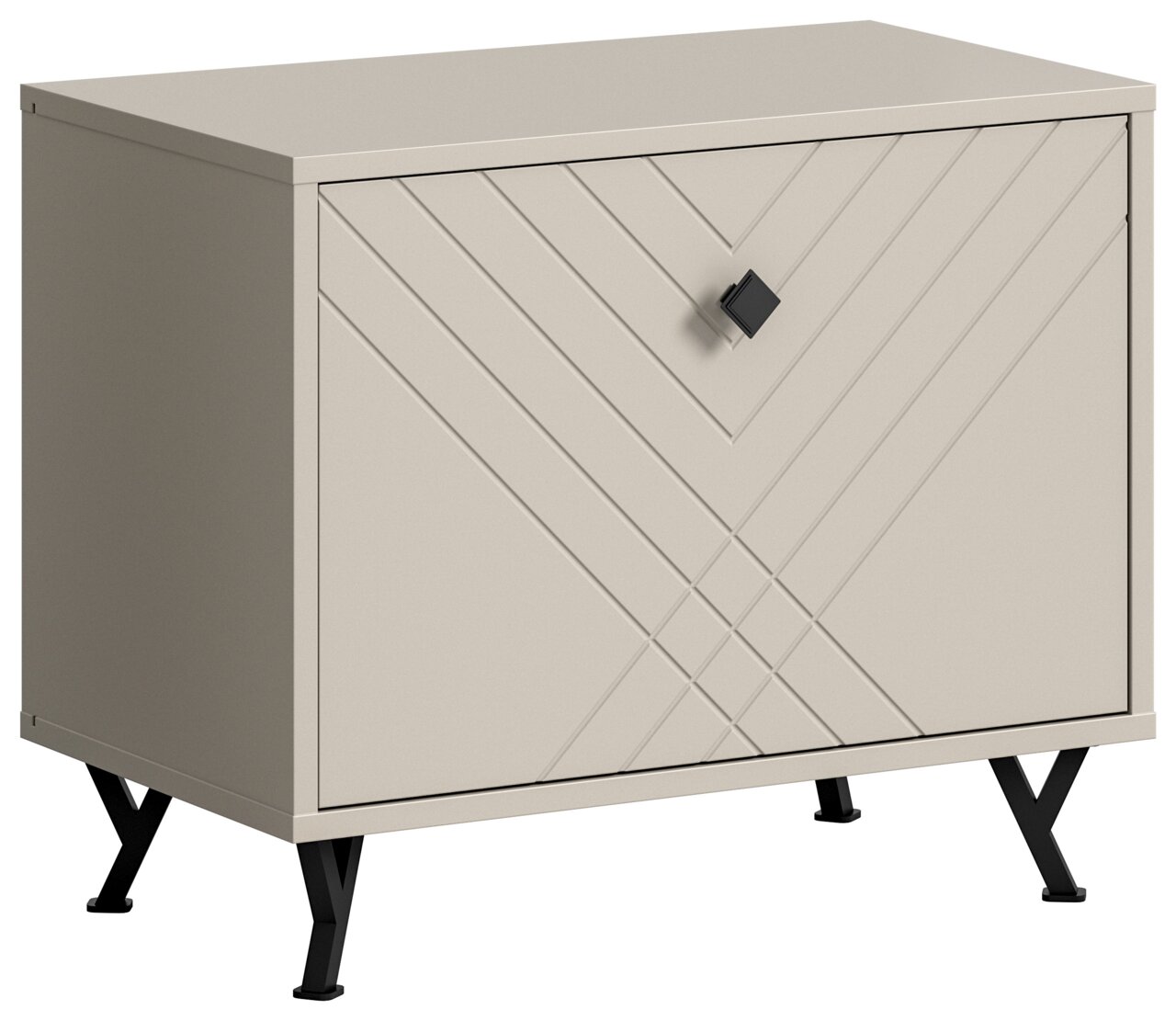 Moderne Sitzbank mit geometrischem Muster auf der Front, beige Farbe, schwarze Metallbeine, Perspektive von vorne rechts.