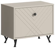 Moderne Sitzbank mit geometrischem Muster auf der Front, beige Farbe, schwarze Metallbeine, Perspektive von vorne rechts.